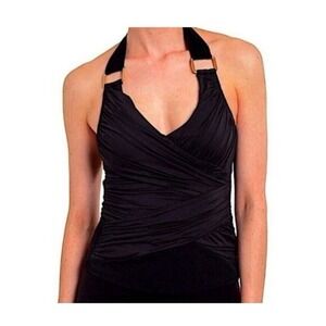 Spanx Black Tankini Top Draped Swimsuit Ruched Shaping Size 6 Slimming